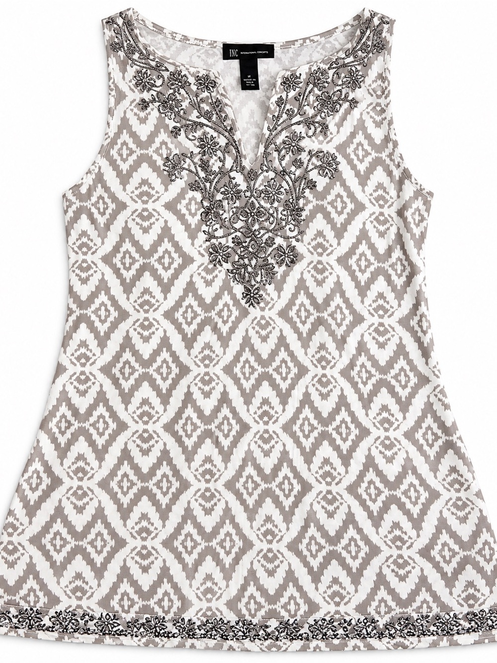INC International Concepts White and Gray Sleeveless Embroidered Tunic